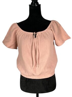 C&C California Pink Crop Top Smocked T-Shirt Short Sleeve Gauze Summer Medium